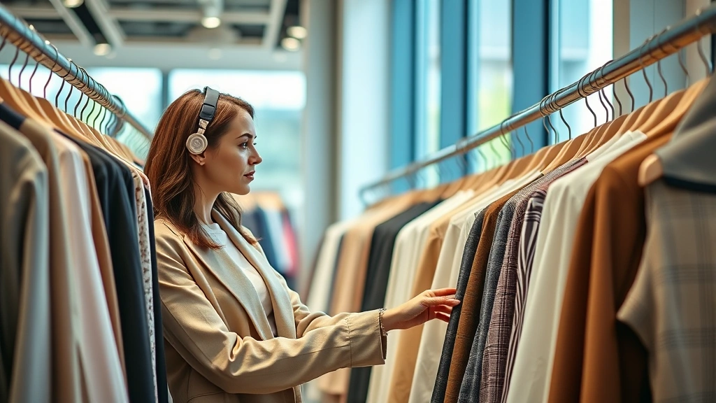 Professional woman shopping in modern outlet store wearing neutral-toned contemporary fashion, browsing organized clothing racks with natural window lighting, focused expression examining fabric quality