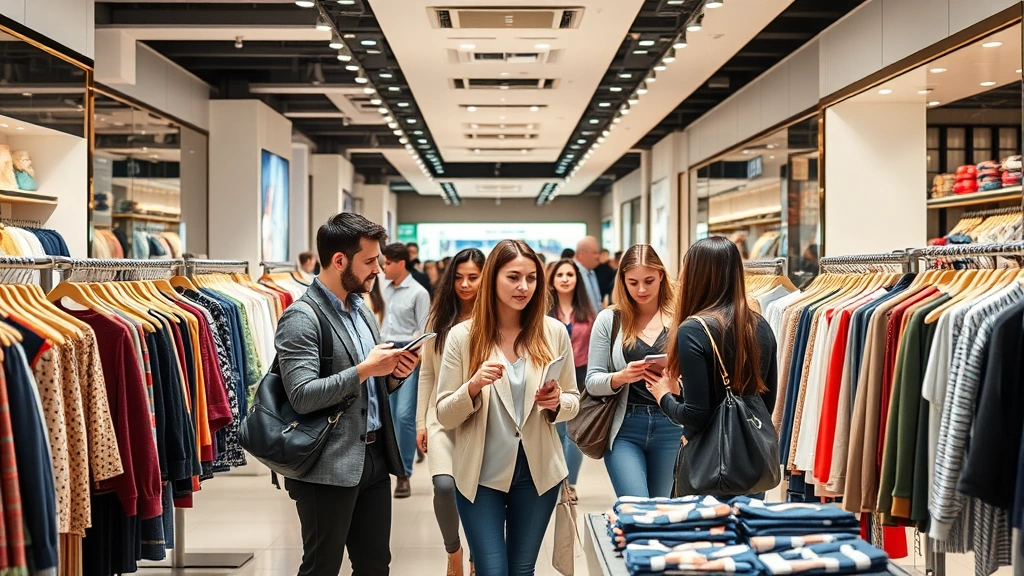 Diverse group of shoppers examining clothing displays in upscale outlet mall environment, trying items and consulting with sales associate, bright professional retail setting with organized merchandise