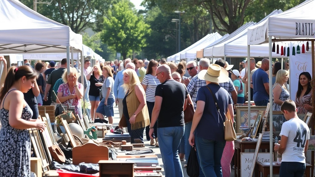 Diverse shoppers browsing vintage items at outdoor flea market, examining merchandise on tables under canopy tents, natural daylight, community atmosphere