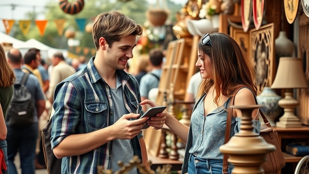 Young couple discovering unique vintage home décor pieces at crowded weekend flea market, genuine excitement and engagement with merchandise discovery