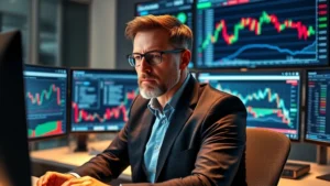 Professional financial analyst reviewing stock market charts and data on multiple monitors in modern office, serious focused expression, displaying downward trend lines and performance metrics