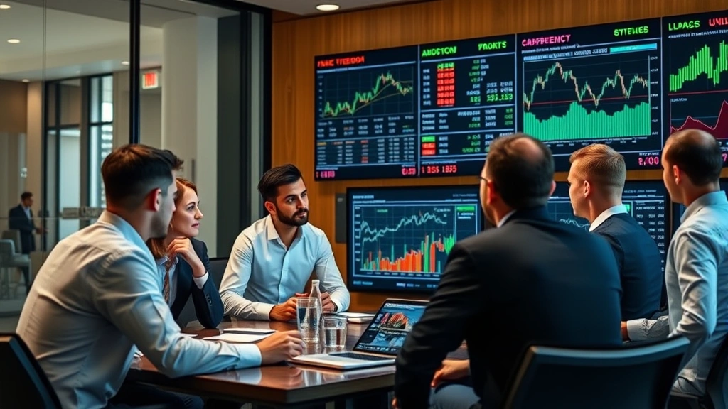 Diverse team of investment professionals in conference room discussing market analysis with digital displays showing economic indicators, graphs, and financial reports