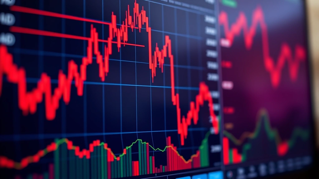 Close-up of financial trading dashboard with red declining stock charts, real-time market data, and economic indicators visible on computer screen