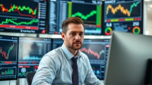 Professional financial analyst reviewing multiple monitor displays showing real-time stock market data, charts, and economic indicators with serious focused expression in modern office setting