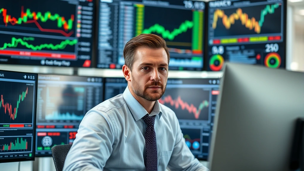 Professional financial analyst reviewing multiple monitor displays showing real-time stock market data, charts, and economic indicators with serious focused expression in modern office setting