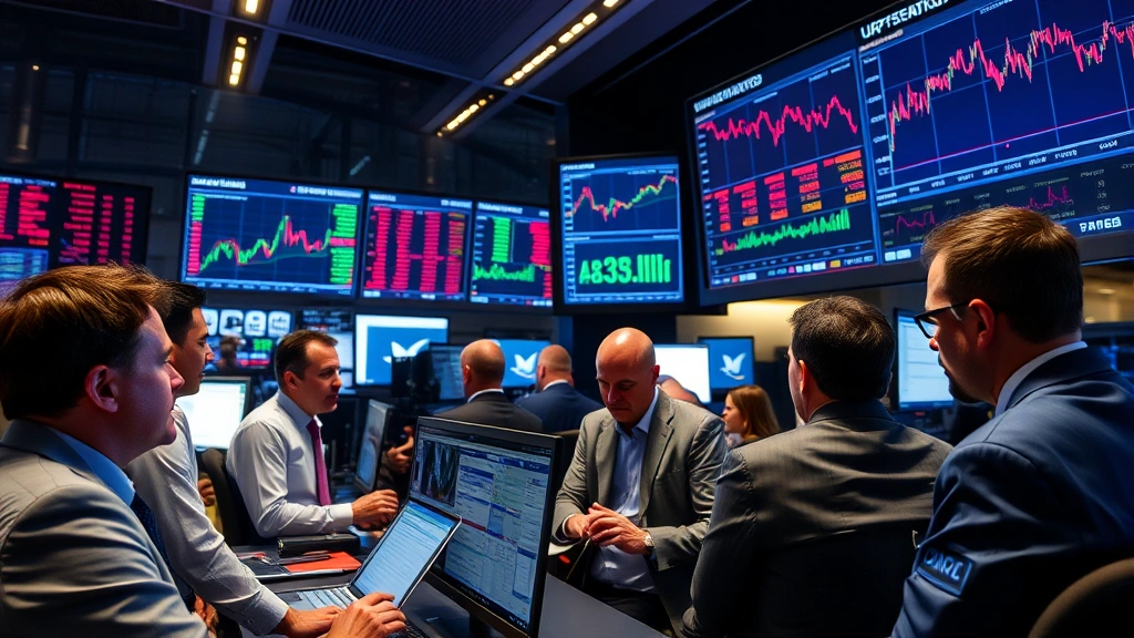 Diverse group of investors in contemporary trading floor monitoring portfolio performance on digital screens, showing market volatility and analytical tools in action