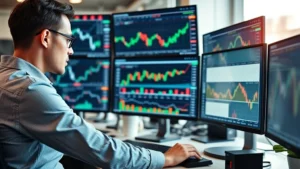 Professional financial analyst reviewing market charts on multiple monitors in a modern office setting, displaying stock market data and economic indicators with focused concentration on performance metrics