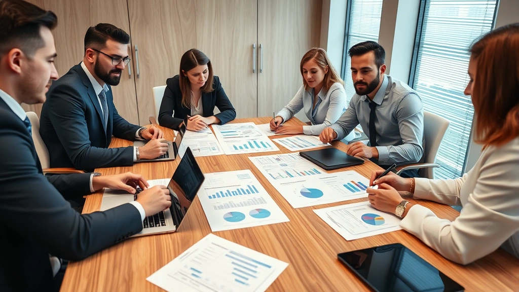 Diverse team of business professionals in a conference room discussing economic strategy, reviewing printed financial reports and charts on a wooden table with laptops and tablets visible