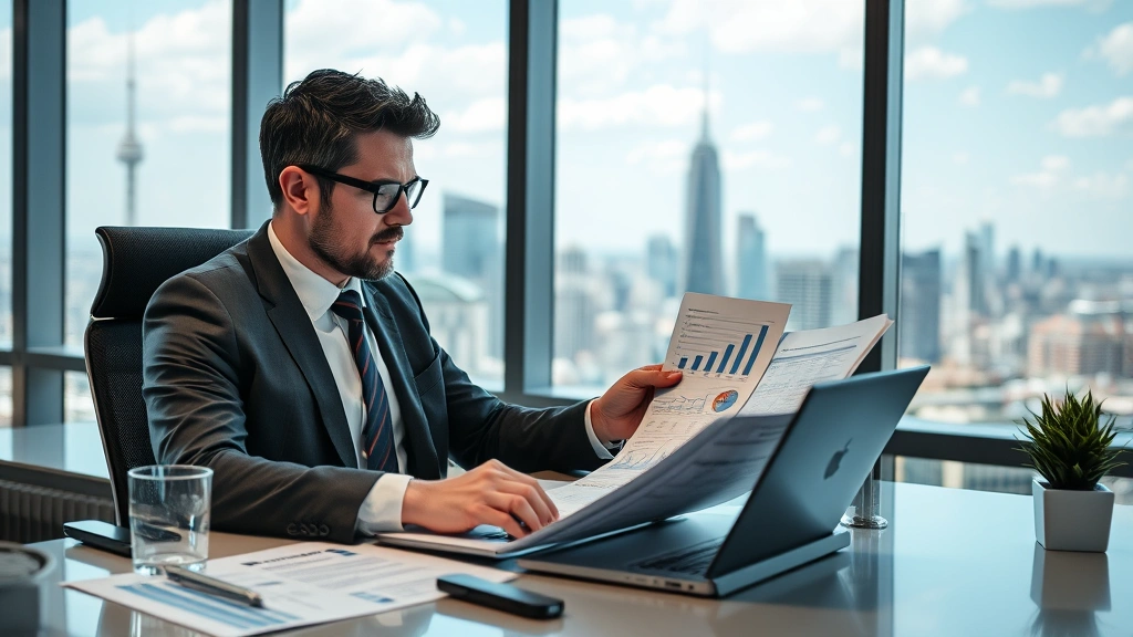 Business owner working at desk reviewing quarterly financial statements and market analysis reports, with city skyline visible through office window, showing determination and strategic planning focus