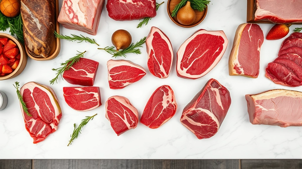 Overhead shot of various premium meat cuts arranged on white marble counter, grass-fed beef and heritage pork displayed, professional butcher shop environment, natural daylight