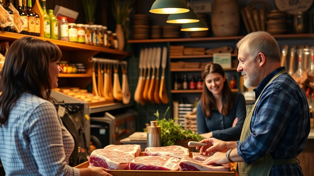 Smiling butcher in traditional apron explaining meat selection to diverse customer couple, wooden shelving with products visible behind, authentic community butcher shop atmosphere, warm inviting lighting