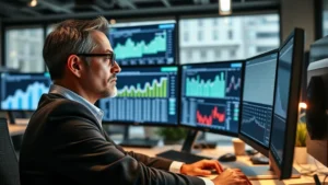 Professional real estate analyst reviewing housing market data on multiple computer monitors in modern office environment, charts and graphs visible but not readable, serious focused expression