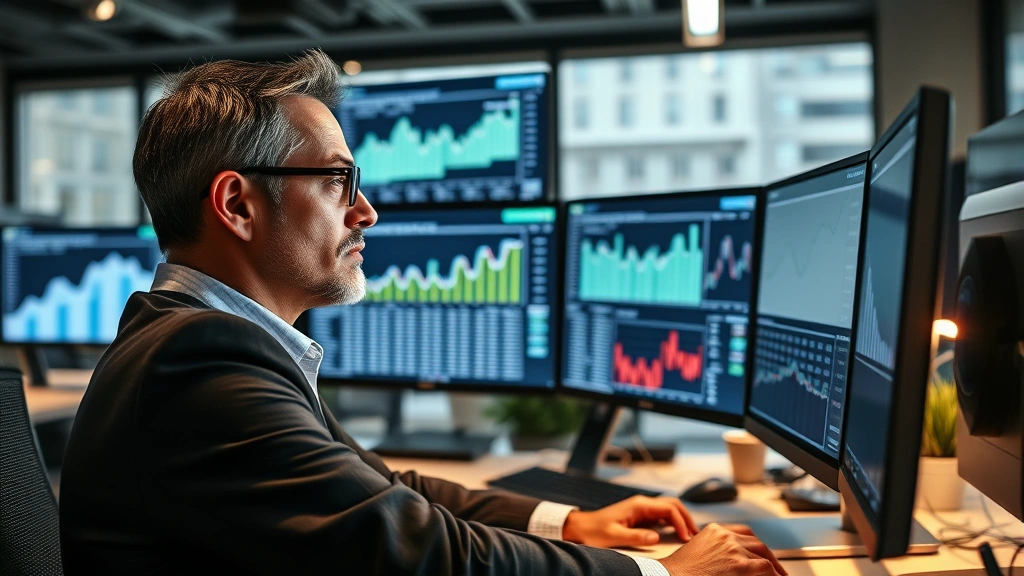 Professional real estate analyst reviewing housing market data on multiple computer monitors in modern office environment, charts and graphs visible but not readable, serious focused expression