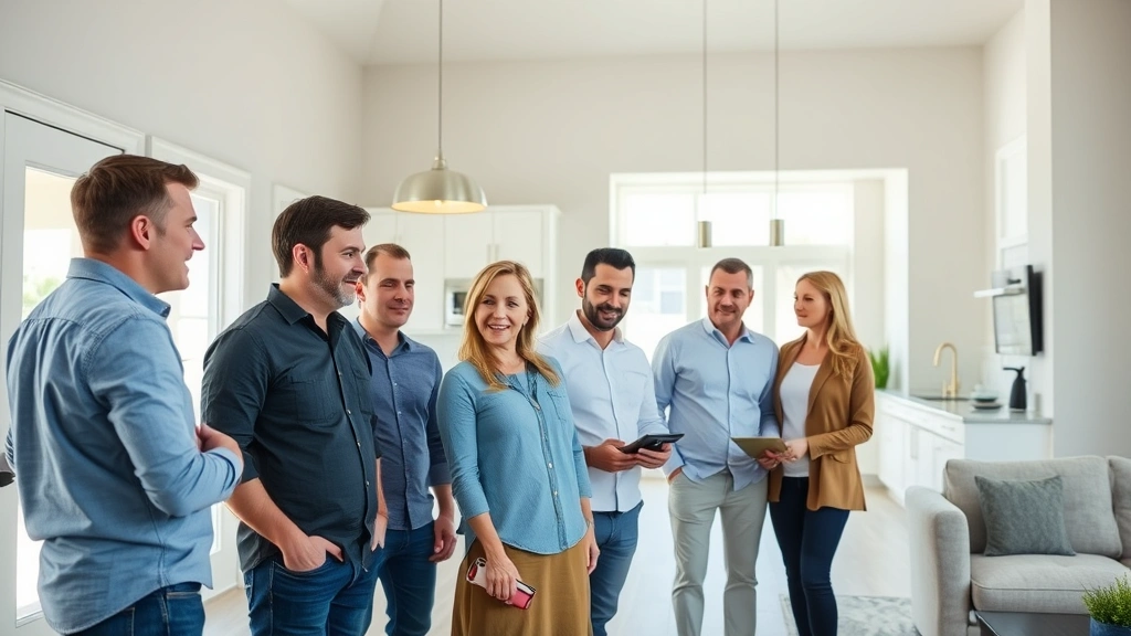 Diverse group of potential homebuyers in model home interior, examining finishes and discussing options, bright natural lighting, modern kitchen and living space visible