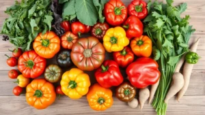 Overhead flat lay of fresh farmers market produce including colorful heirloom tomatoes, vibrant bell peppers, leafy greens, and root vegetables arranged artfully on wooden surface with natural lighting