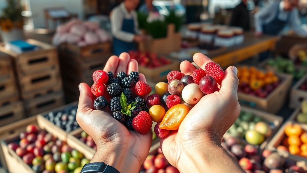 Close-up of hands holding fresh berries and stone fruits at outdoor farmers market stall with wooden crates and vendor in background, morning sunlight creating warm tones