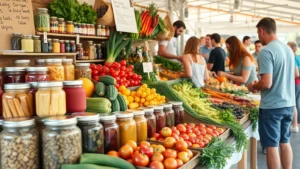 Diverse farmers market vendor booth displaying colorful fresh produce, jars of preserved goods, and artisanal products with customers browsing, natural daylight, vibrant market atmosphere, close-up of produce variety
