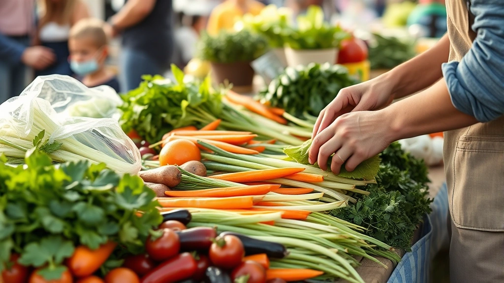Vendor hands carefully arranging fresh vegetables and herbs at outdoor market booth, morning preparation scene, natural lighting highlighting product quality and arrangement details