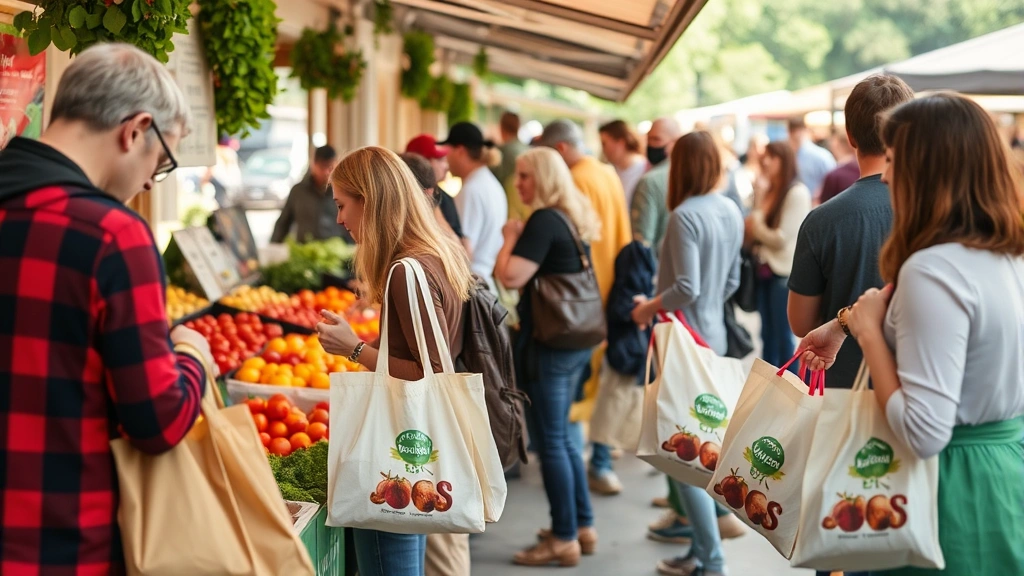Customers at farmers market holding shopping bags with local products, examining fresh items at vendor booth, community gathering atmosphere, diverse shoppers interacting with vendor