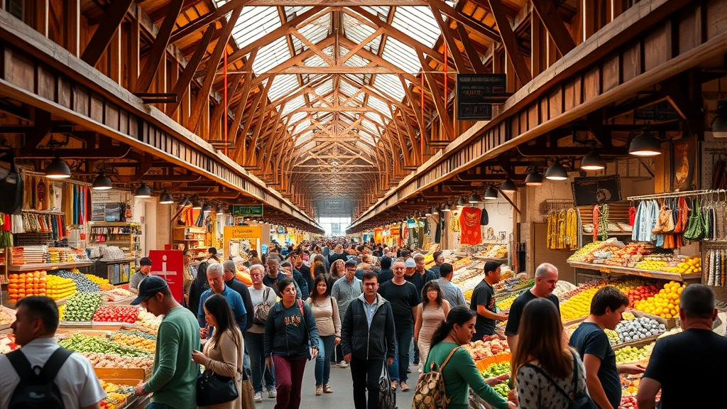 Bustling indoor public market with wooden vendor stalls, customers browsing fresh produce and artisanal goods, warm natural lighting, diverse crowd shopping, colorful product displays