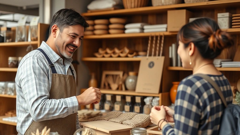 Close-up of vendor carefully arranging handmade products on market stall shelf, small business owner smiling while serving customer, wooden shelving with packaged goods and merchandise