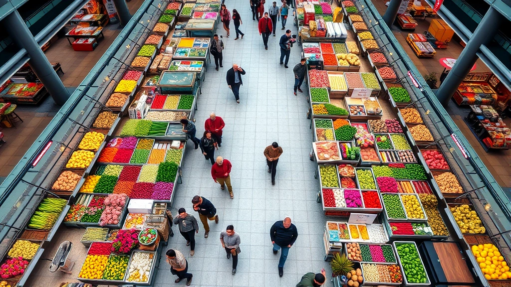 Wide overhead view of public market floor with multiple vendor stalls, customers walking between booths, fresh flowers and food products visible, community gathering atmosphere, professional retail environment