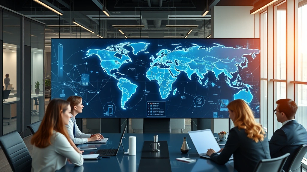 Professional business team conducting video conference across multiple continents with world map hologram display showing global trade routes and logistics networks, modern office environment with diverse professionals