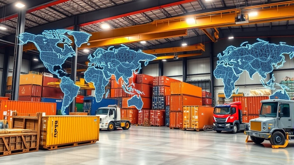 Supply chain logistics center with international shipping containers, cargo handling equipment, and digital tracking systems displaying real-time shipment data across multiple countries and time zones
