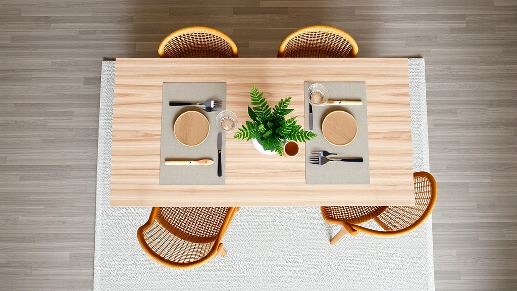 Overhead shot of modern dining table with four diverse world market dining chairs in natural rattan and wood, warm lighting, styled table setting with greenery, clean minimalist aesthetic