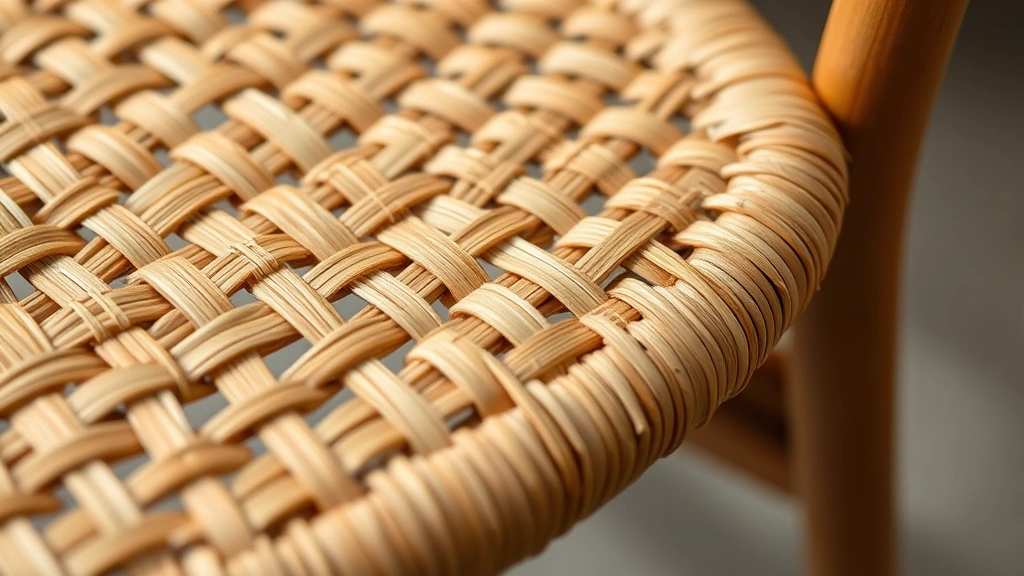 Close-up detail of hand-woven rattan dining chair seat texture showing intricate weaving pattern, natural golden-tan color, professional studio lighting highlighting craftsmanship