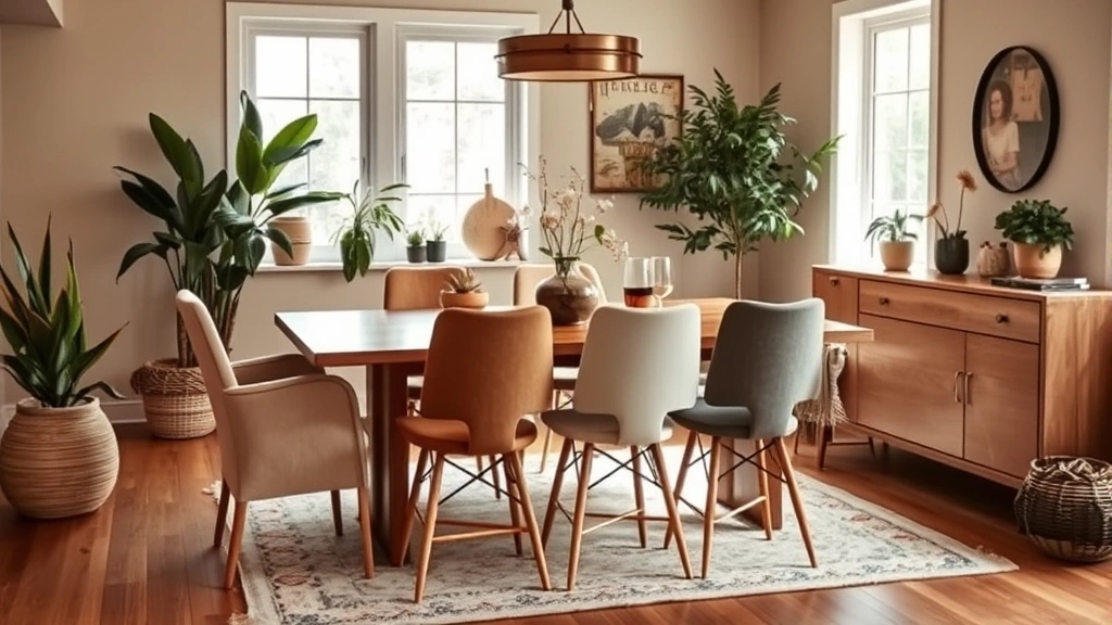 Styled dining room scene featuring mixed-material dining chairs in boho eclectic style, warm earth tones, plants and natural light from windows, lifestyle photography showing comfort and elegance