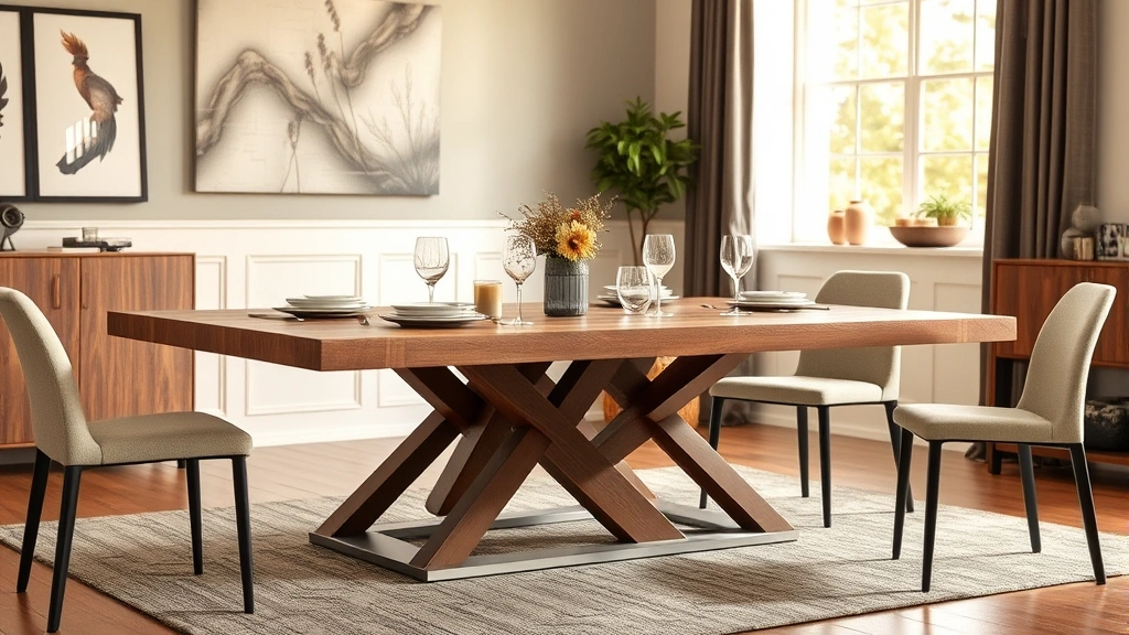 Modern dining table with mixed wood and metal base in warm-lit dining room setting, place settings visible, professional product photography