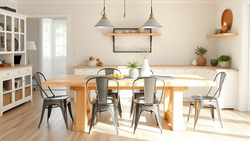 Contemporary farmhouse dining table with light wood finish and metal chairs in bright, airy dining space, family-ready ambiance