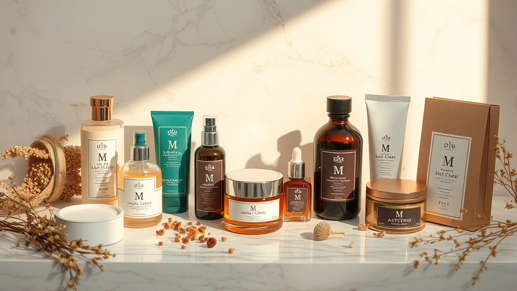 Luxury artisanal products arranged on marble surface with soft golden lighting, minimalist aesthetic, natural botanical elements like dried flowers and herbs, premium packaging with ethereal design, photorealistic high-end product photography