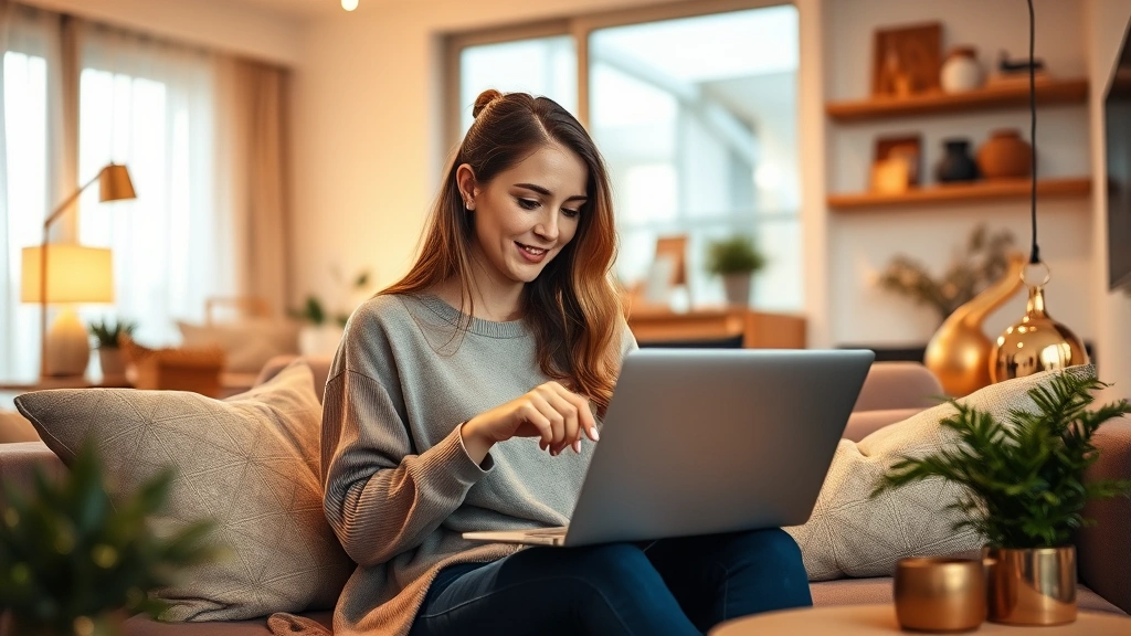 Young professional woman in modern apartment shopping on laptop surrounded by golden-toned home décor items, warm ambient lighting, sustainable materials visible, peaceful serene atmosphere, authentic lifestyle moment
