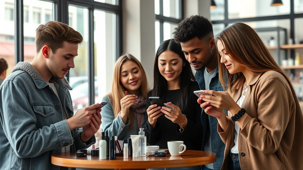 Diverse group of millennials in trendy urban coffee shop examining premium beauty products and accessories together, natural daylight through large windows, genuine conversation and engagement, authentic community moment, no signage visible