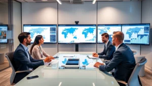 Professional international business team in modern office conference room reviewing global supply chain dashboards and logistics data on multiple monitors, diverse professionals engaged in strategic discussion