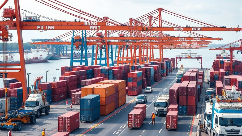 Busy international trade port with cargo containers, logistics workers, and shipping operations, demonstrating global commerce infrastructure and supply chain complexity