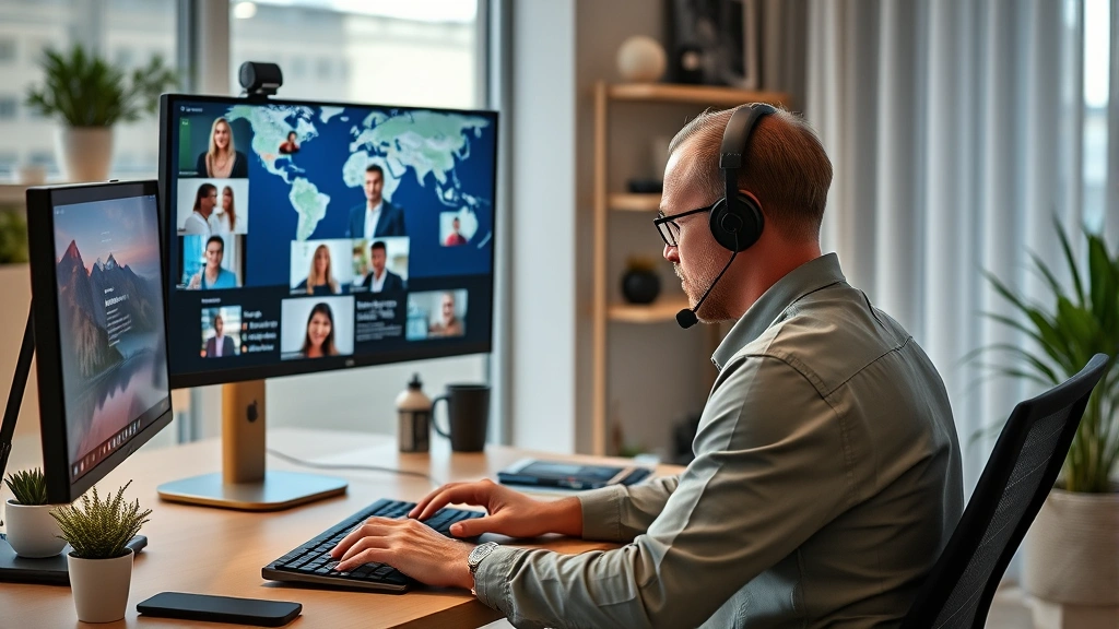 Remote worker in home office managing international commerce operations with video calls with global team members on screen, showing modern distributed work environment