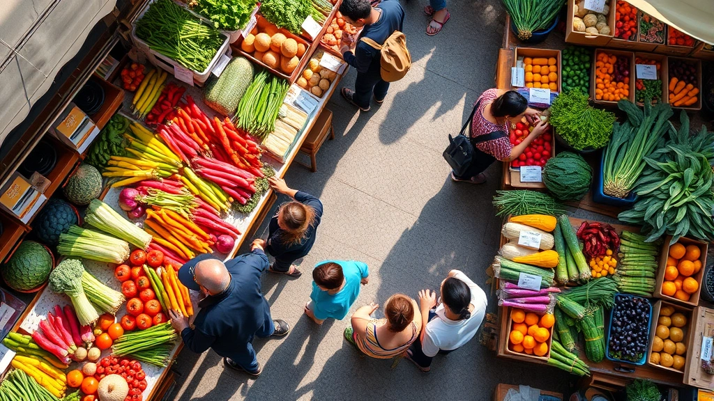 Overhead view of farmers market vendor booth displaying colorful fresh vegetables and produce with customers selecting items, natural daylight, busy market atmosphere