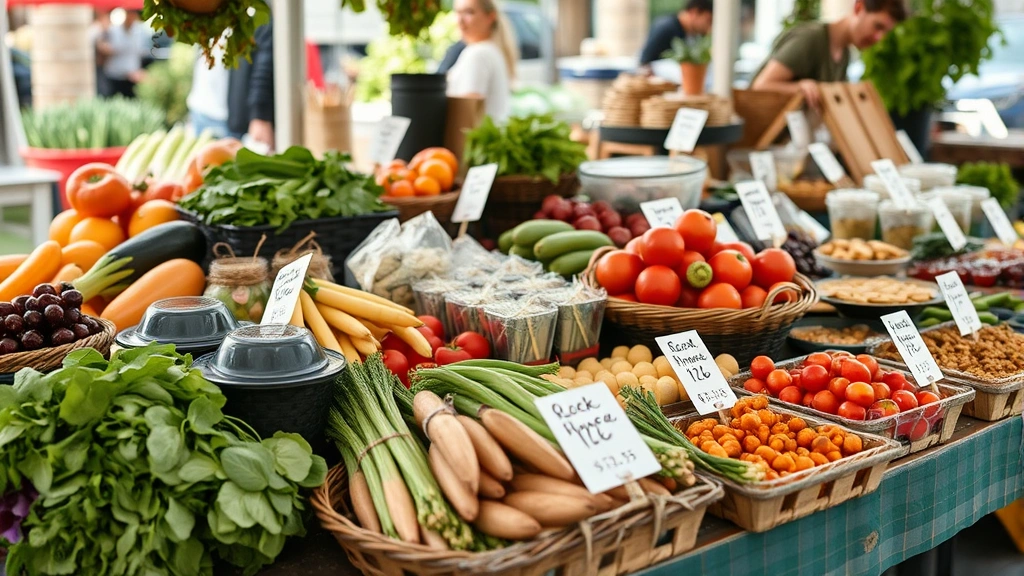 Close-up of diverse vendor products at farmers market including organic vegetables, artisanal goods, and prepared foods on display tables with price cards visible