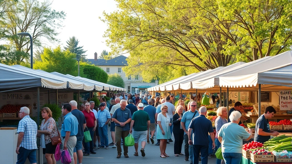 Wide shot of crowded farmers market on Saturday morning with multiple vendor booths, customers shopping, community gathering space, trees and outdoor setting