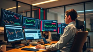 Professional trader at desk with multiple monitors displaying financial charts, market data dashboards, real-time stock tickers, and trading platforms in modern office environment with warm lighting