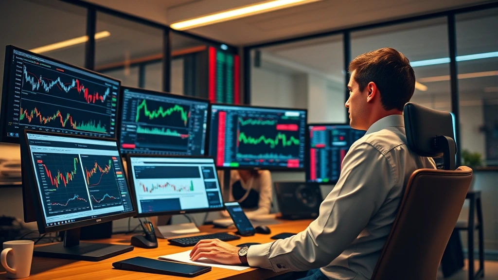 Professional trader at desk with multiple monitors displaying financial charts, market data dashboards, real-time stock tickers, and trading platforms in modern office environment with warm lighting