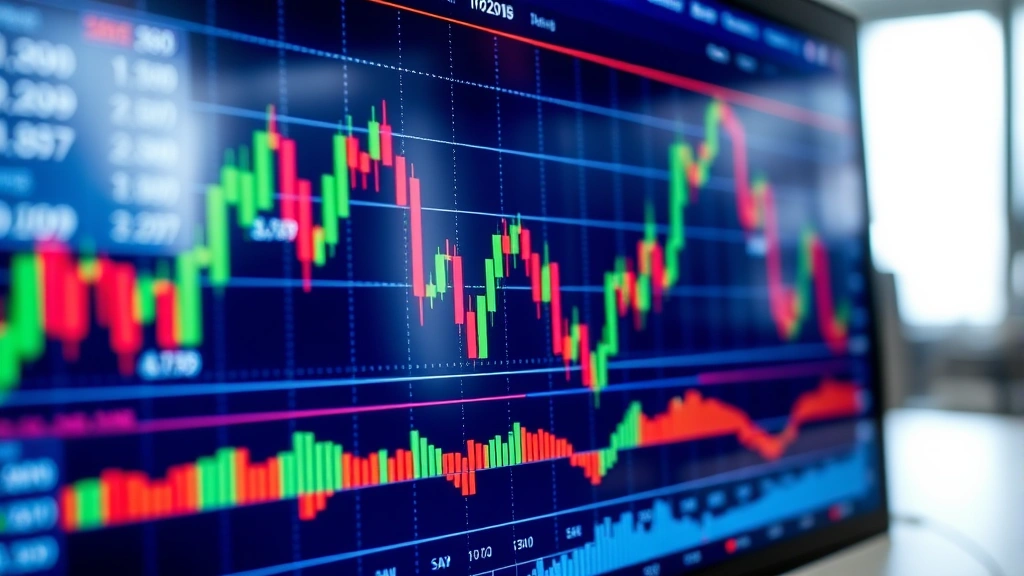 Close-up of financial data visualization showing candlestick charts, moving averages, volume indicators, and technical analysis overlays on computer screen with blurred office background