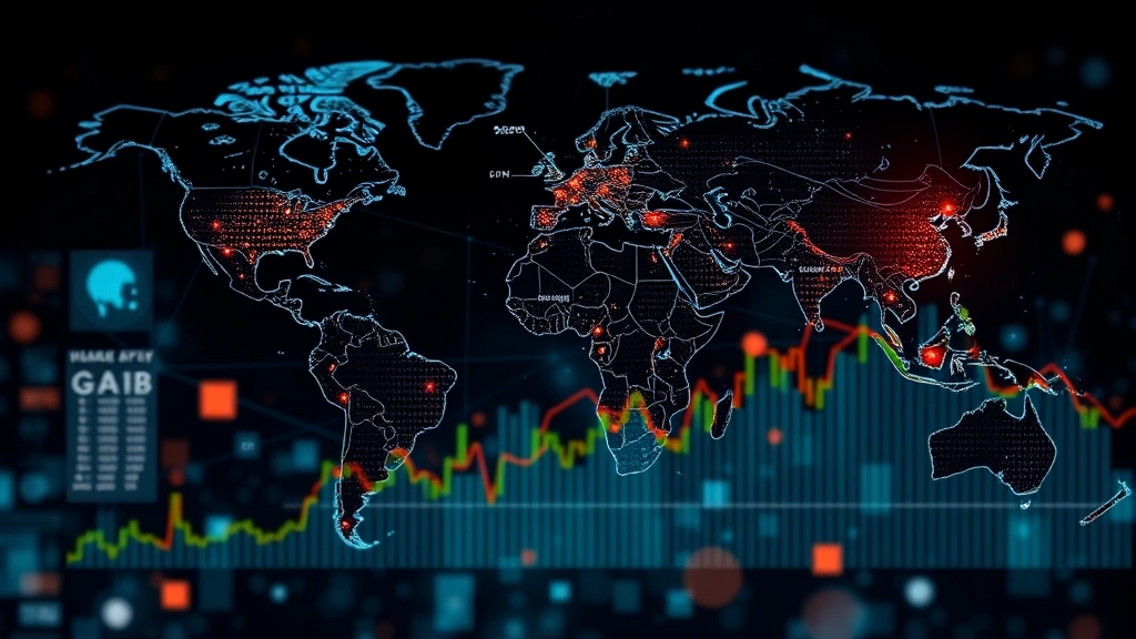 Global financial markets concept showing interconnected market data, world map with trading hubs highlighted, digital network connections, abstract financial graphs and rising trend lines