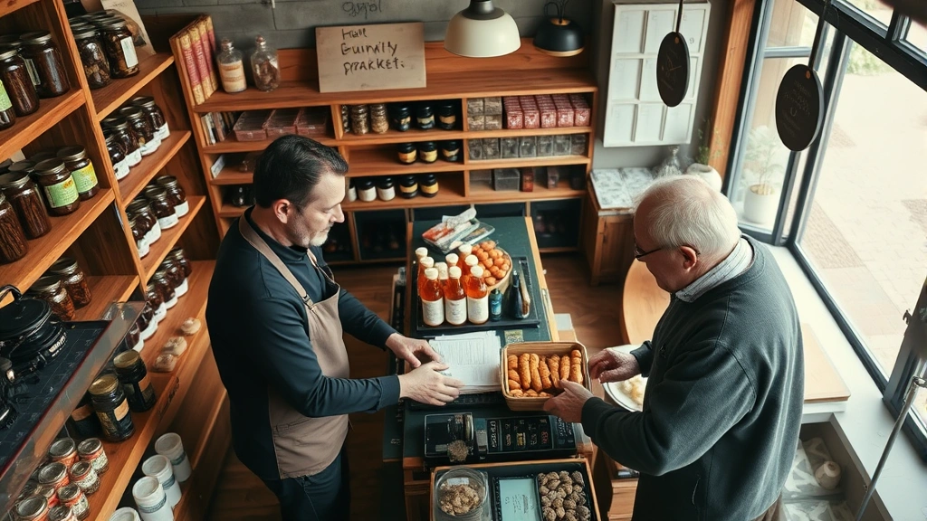 Overhead view of rustic country market checkout counter with friendly staff member assisting elderly customer, wooden shelving with local jars and products, warm natural lighting