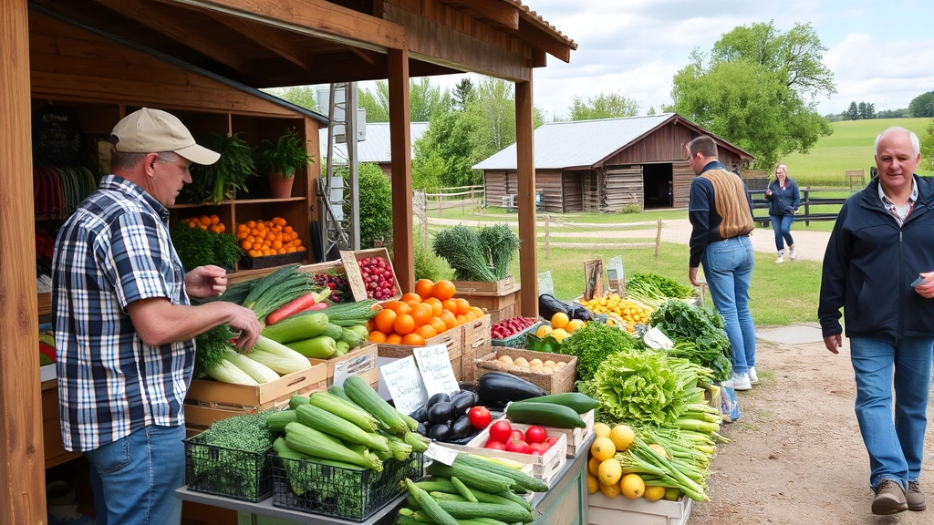 Local farmers market vendor displaying fresh produce at wooden stand with customers browsing seasonal vegetables in rural setting