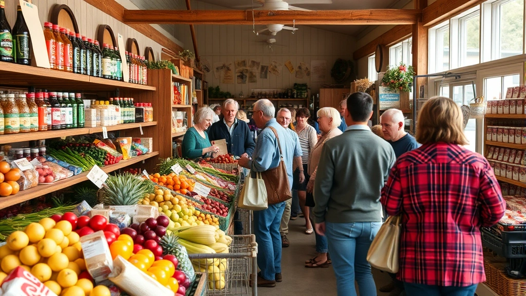 Busy rural grocery store interior with customers selecting fresh produce and local products from wooden display shelves during afternoon shopping hours
