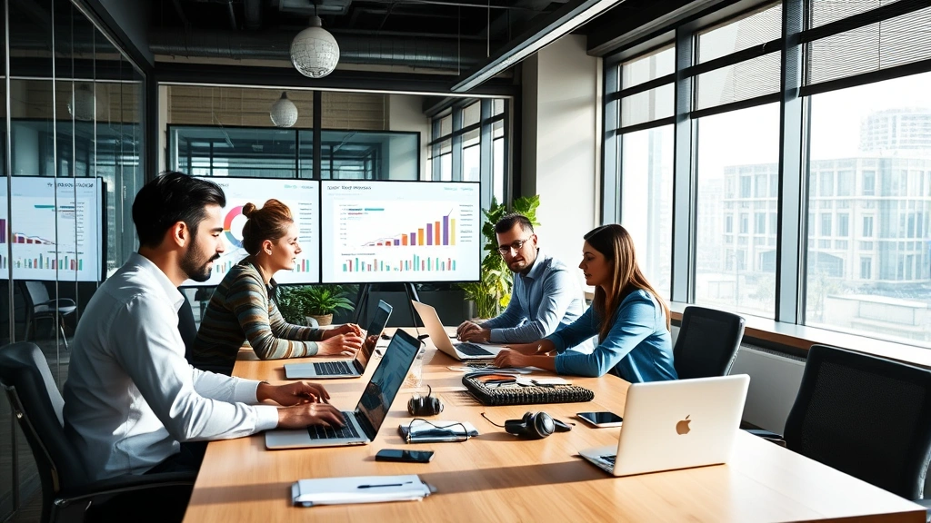 Professional digital marketing team in modern Delhi office collaborating around desk with laptops, charts, and analytics dashboards displaying colorful data visualizations, natural daylight from windows